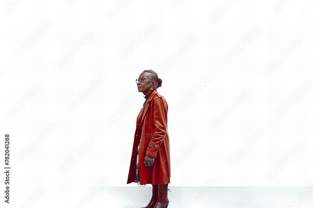 Elegant Mature Woman in Stylish Red Trench Coat Fashion Banner