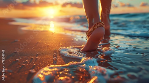 Foot Ankle bracelet on the beach joyful and sunset view photo