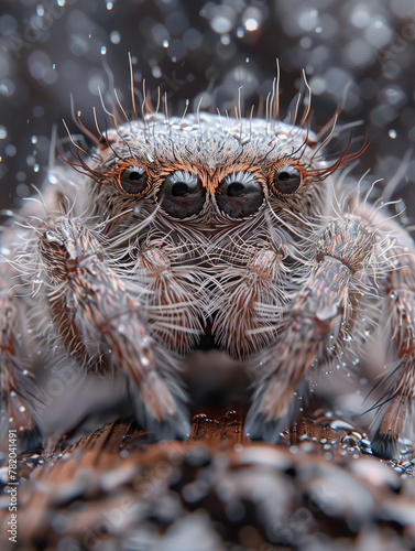 Macro photograph capturing the intricate details of a jumping spider. With its large, expressive eyes and hairy body glistening with water droplets, the spider appears both delicate and fierce.