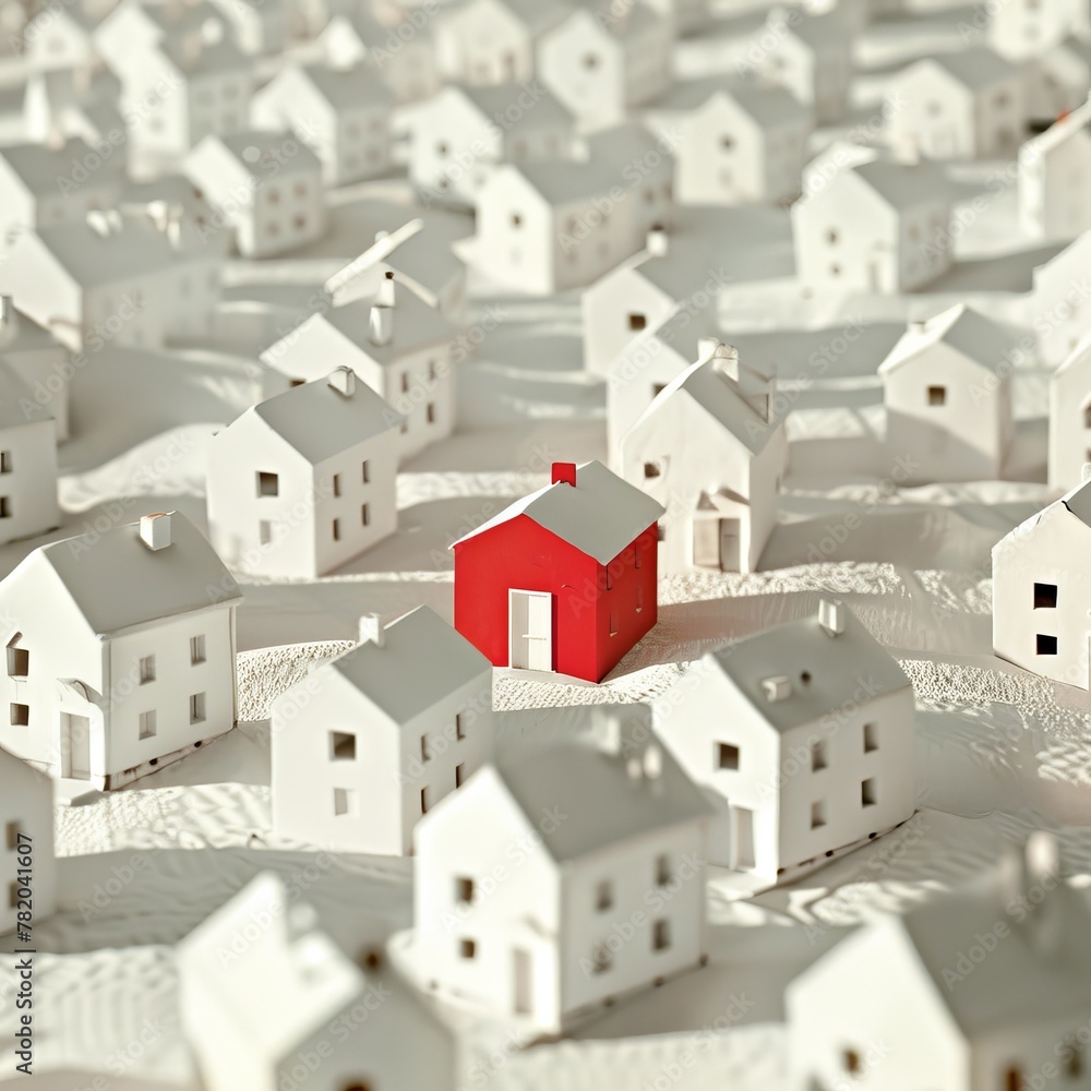 Many Houses white concept one is red, Concept of Searching for houses to living. Many Houses white concept one is red, Concept of Searching for houses to living.