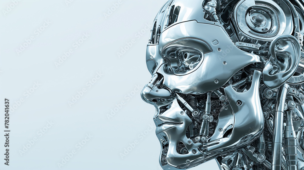 A silver robot head with a face and a silver body A silver robot head with a face and a silver body