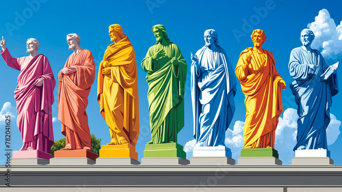 A row of statues of religious figures in rainbow colors. The statues are arranged in a row, with each one being a different color. Concept of unity and diversity photo
