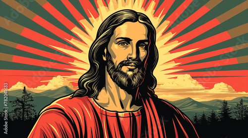 Colorful illustration of Jesus Christ. The background features mountains and trees