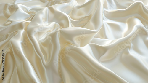 Delicate beauty of ivory silk fabric. The smooth, flowing material is gracefully draped, creating soft folds and curves that catch the light, producing a subtle sheen and a sense of movement.