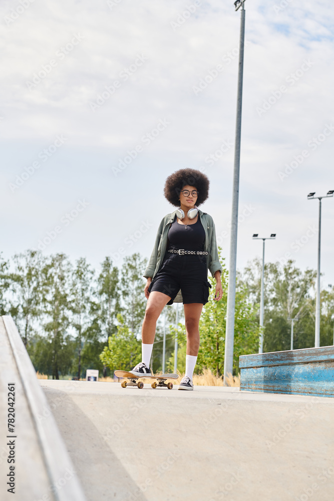 A young African American woman with curly hair confidently skateboards down a city sidewalk on a sunny day.