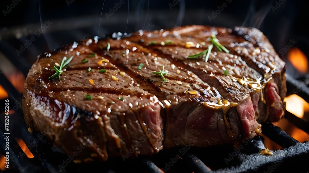 A close-up shot of a perfectly grilled steak with grill marks, showing the juices sizzling on the surface.
