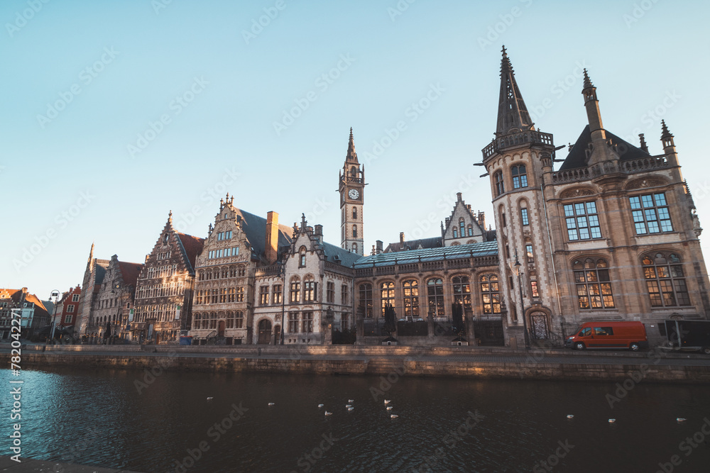 Ghent waterfront called the Graslei and the charming historic houses at sunrise. The centre of the Belgian city. Flanders