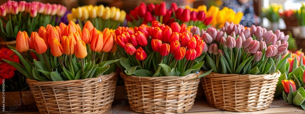 Colourful fresh tulips in woven basket on sale in flower market. Assortment of fresh spring flowers in in store of shop. Showcase. Floral shop and delivery concept