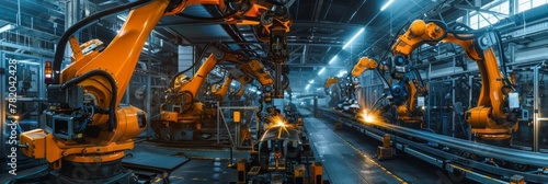 Industrial Welding Robots, Futuristic Machines in Production Line Manufacturer Factory, Welding Robots © artemstepanov