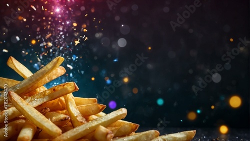 Crispy golden french fries mid-air with a sparkling and bokeh background, conveying indulgence and delicious fast food craving © ArtistiKa