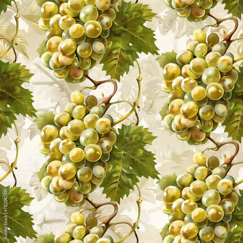White Grapes Seamless Pattern, Grape Vintage Postcard Tile, Grapevine Harvest, Copy Space