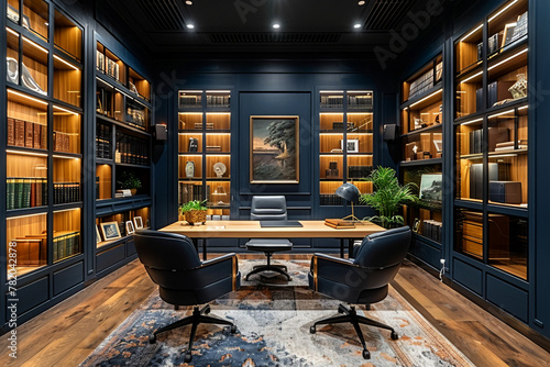 Generate an image showcasing the symmetrical design of a home office space, with matching desks and ergonomic chairs positioned on either side of a central workspace, surrounded by organized shelves a photo