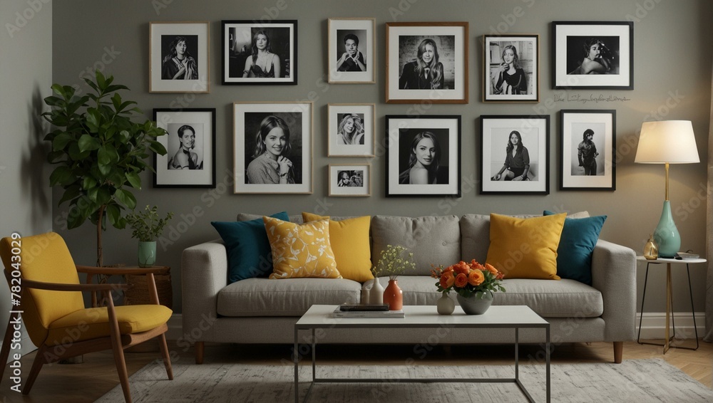 Stylishly decorated living room with chic furniture and a wall displaying a collection of framed black and white photographs Stylishly decorated living room with chic furniture and a wall displaying a collection of framed black and white photographs
