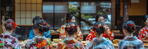 Traditional Japanese Women in Kimono Eating Pizza, Japanese Traditional Style photo