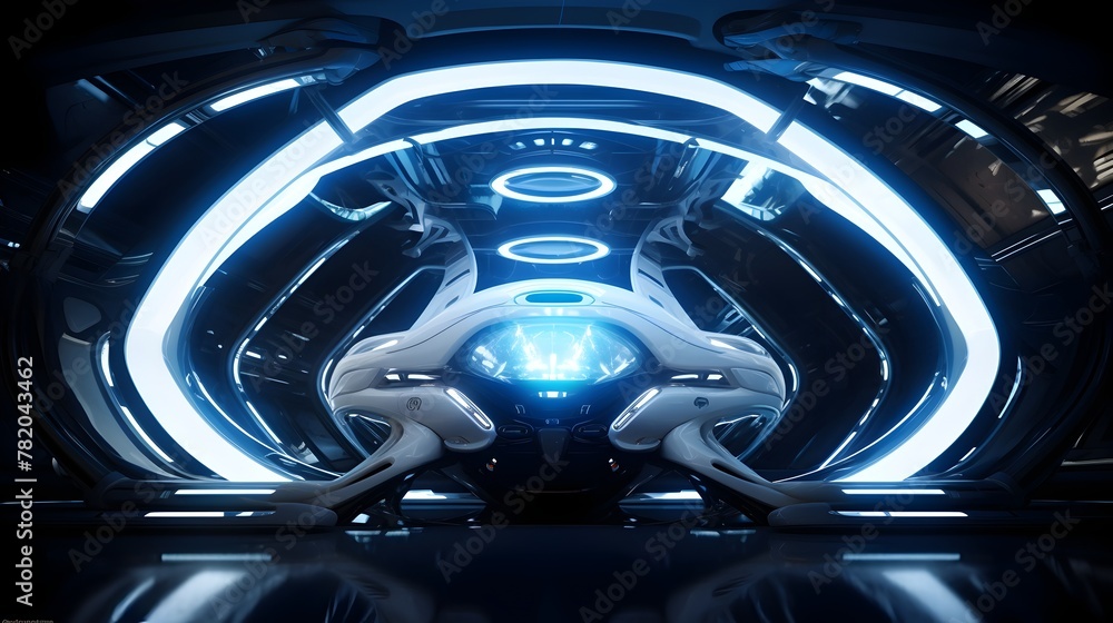 Futuristic Spaceship Interior Enveloped in Radiant Blue and White Lighting Scheme