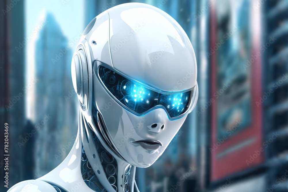 gynoid, a humanoid female android hybrid robot with a female face in a plastic helmet on the background of a futuristic city street, robotics concept gynoid, a humanoid female android hybrid robot with a female face in a plastic helmet on the background of a futuristic city street, robotics concept