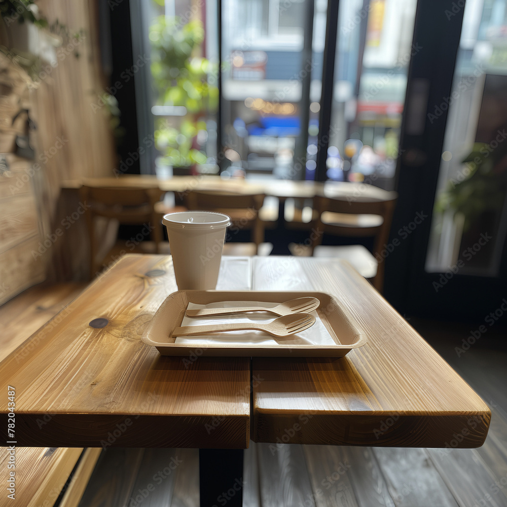 Disposable tableware. Biodegradable cutlery in brown paper cups on plates. Eco-friendly the concept of recycling Disposable tableware. Biodegradable cutlery in brown paper cups on plates. Eco-friendly the concept of recycling
