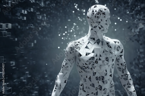 a human body made of disintegrating squares and cubes, standing in front of a digital background with abstract particles in space, cybernetics, computer rendering