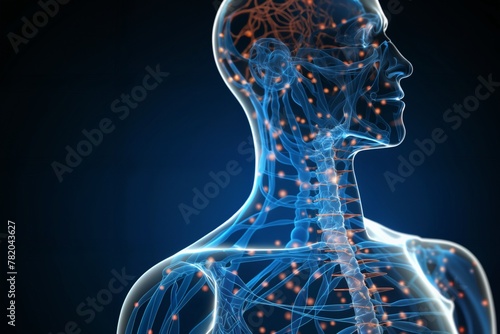 silhouette of a human body with the blood circulatory system and neural connections around head and spine in form of a hologram on a dark background with light, biotechnology concept
