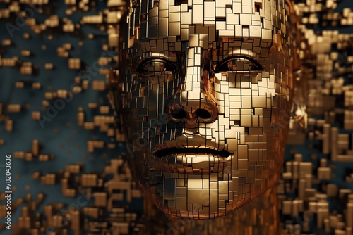 golden human's face with 3D cubes and particles in space as symbol of augmented reality and computer technologies of future, close-up portrait, concept of cybernetics, biomechanics and robotics © soleg