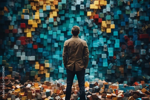 a man stands in front of many blue and golden block shapes on the floor and walls, in the style of 3D rendering