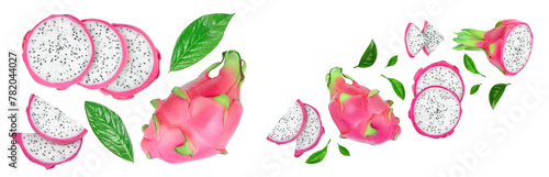 Dragon fruit, Pitaya or Pitahaya with leaf isolated on white background. Top view. Flat lay