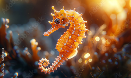 Ultra realistic cinematic beautiful photo of a seahorse  swimming in the open ocean.