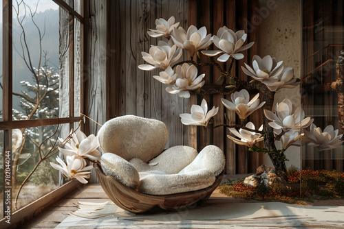 Illustrate a visually captivating chair constructed with magnolia flowers, placed within an architecturally innovative cabin featuring sleek lines and a harmonious blend of natural and industrial photo