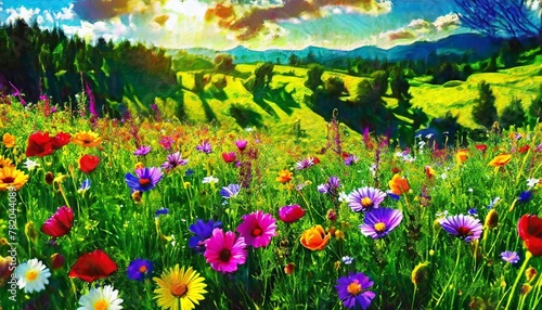 nature wallpaper showcasing a sun-drenched meadow filled with colorful wildflowers, capturing the beauty of a sunny day in nature