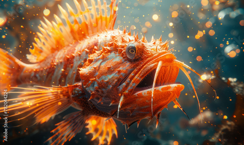 Ultra realistic cinematic beautiful photo of an angler fish, swimming in the open ocean.