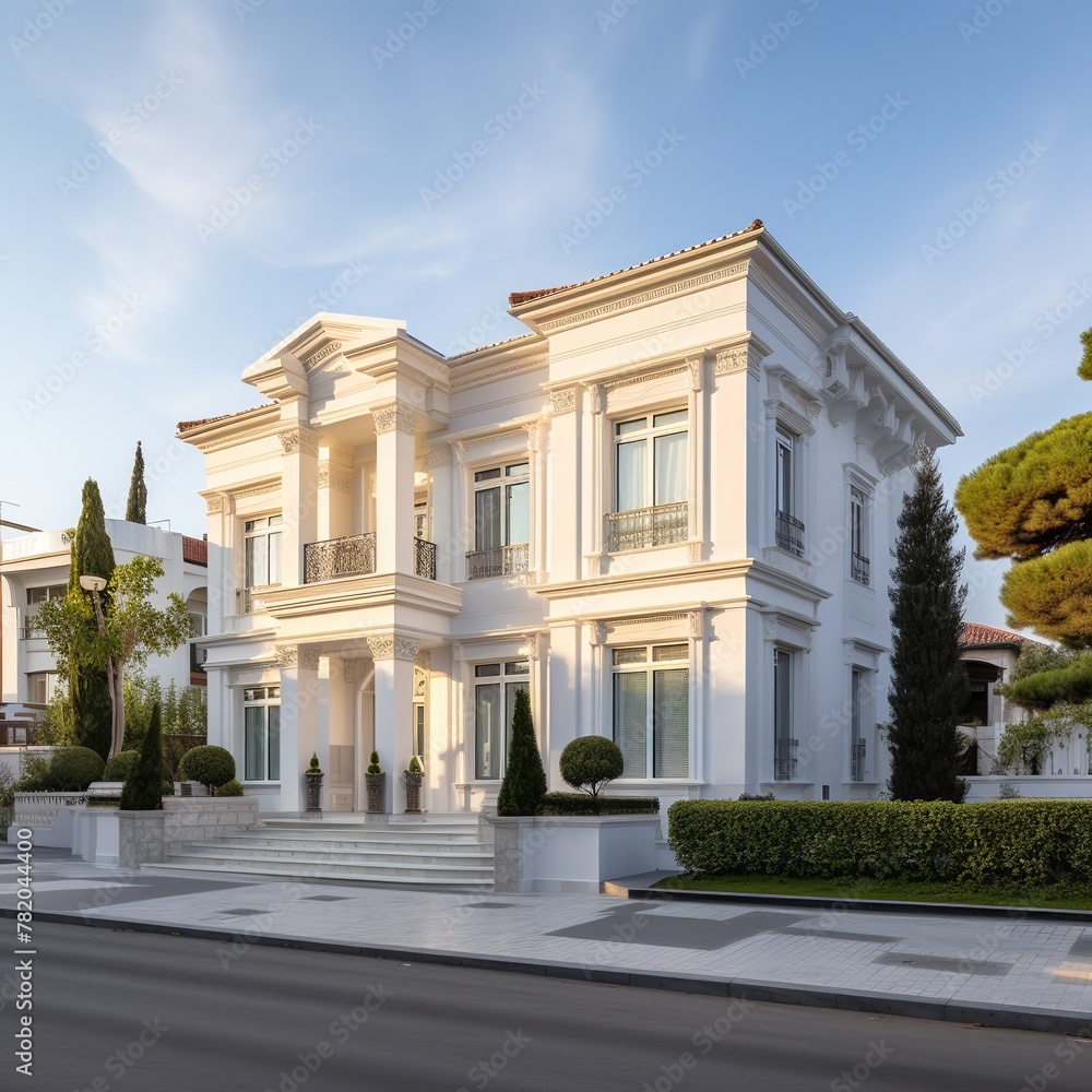 illustration of Neo classic villa on the street white wallclea, Generative ai