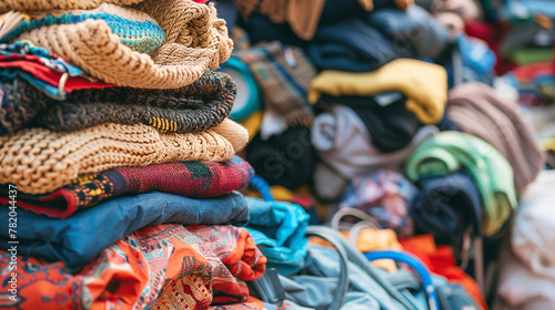 Stack of colorful fabric. Background photos of donating items to charity. Generative AI.