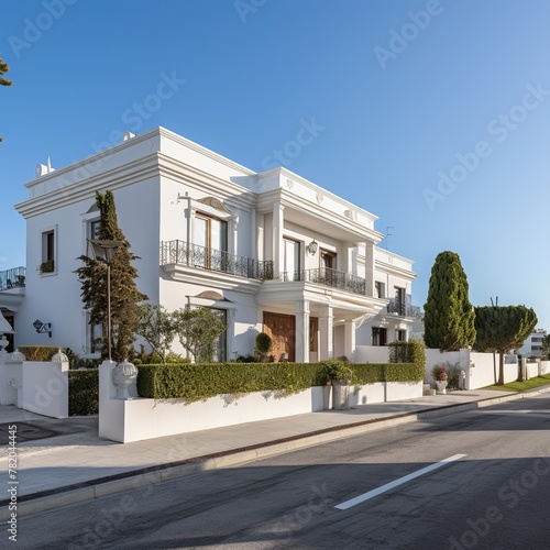 illustration of Neo classic villa on the street white wallclea, Generative ai