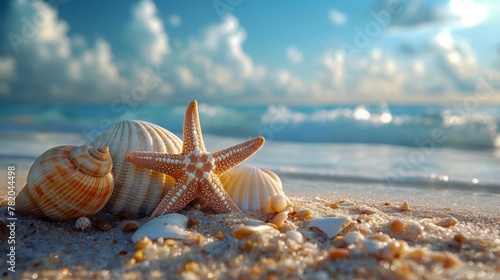 sea shells and starfish on the tropical sand
