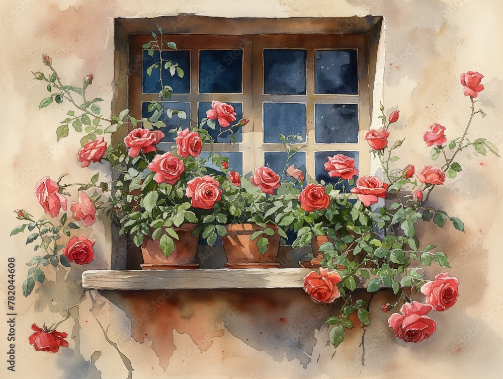 Naklejka premium watercolor illustration of red roses on the window