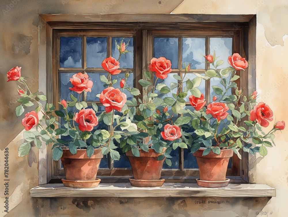 Fototapeta premium watercolor illustration of red roses on the window