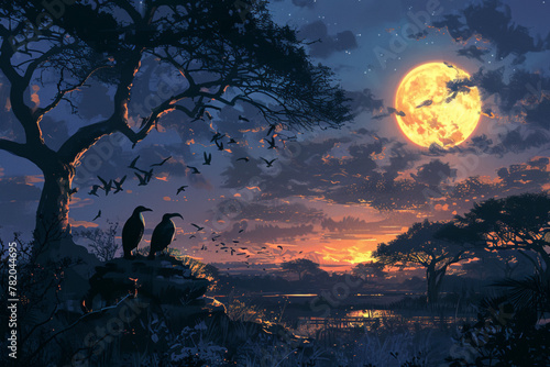 Illustrate the nocturnal symphony of sounds echoing through the African wilderness, where the haunting calls of nocturnal birds intertwine with the distant roars of lions, evoking a sense of mystery photo