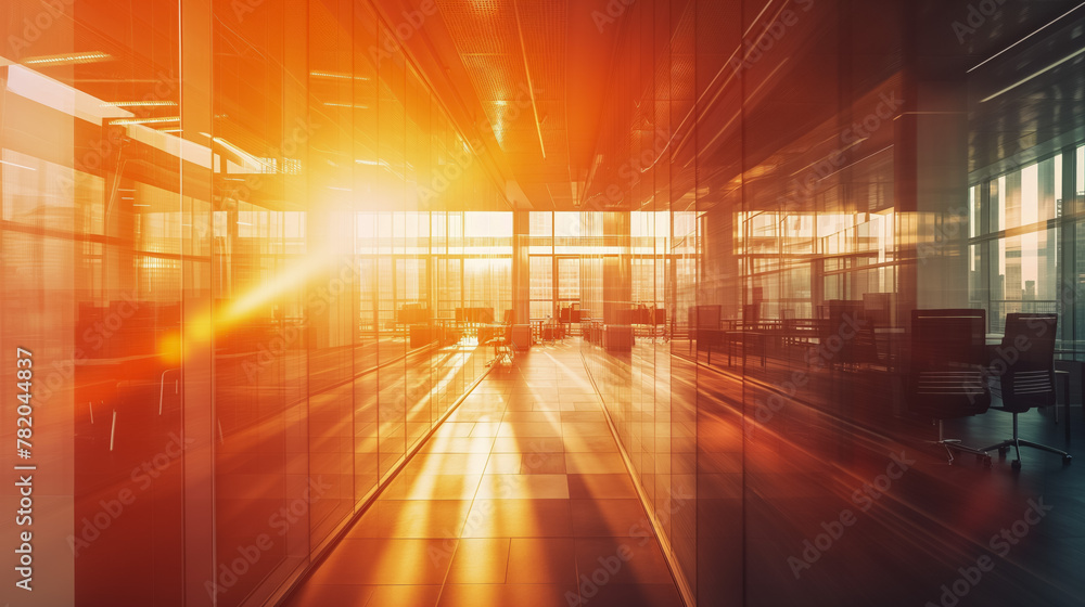 Modern office interior bathed in warm sunset light