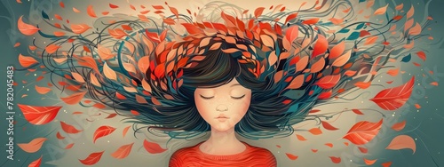 Mental health issues concept. Girl surrounded by swirling abstract elements such as birds and leaves. Flurry of thoughts, emotions, and experiences that can affect mental health.  photo