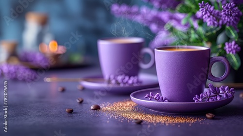 cups of coffee on the lilac background
