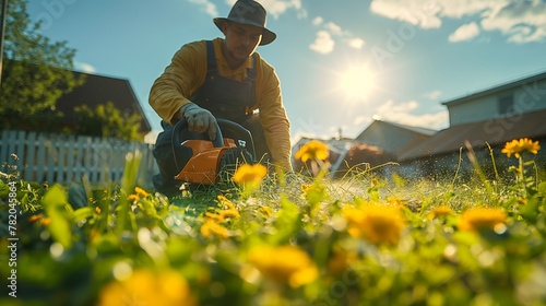  man trimming grass with electric trimmer photo