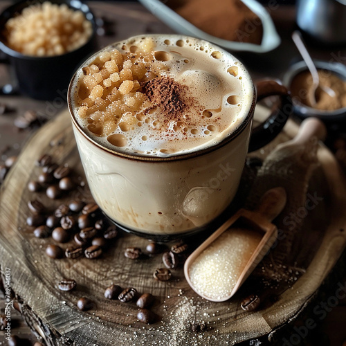 Delicious coffee with Milk, Coffee beans and sugar