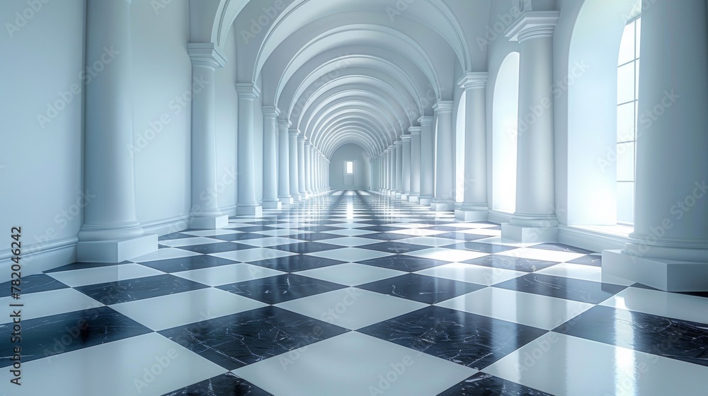 A long hallway with a black and white checkered floor, AI