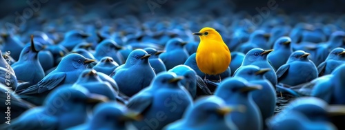 vibrant yellow bird stands out in crowd of identical blue birds, symbolizing individuality, uniqueness, and courage to be different in conformist society. photo
