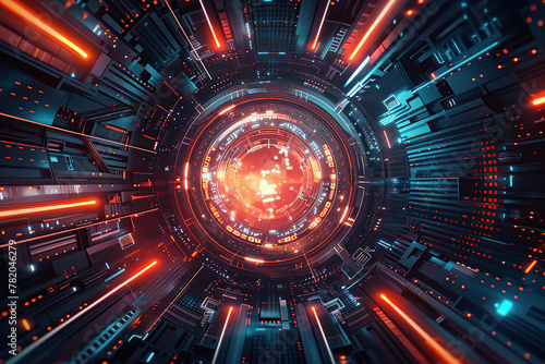 close up image of a cybernetic futuristic background, with lights and connections
