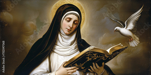 Saint Teresa of Avila holding an open Bible. AI generative. photo
