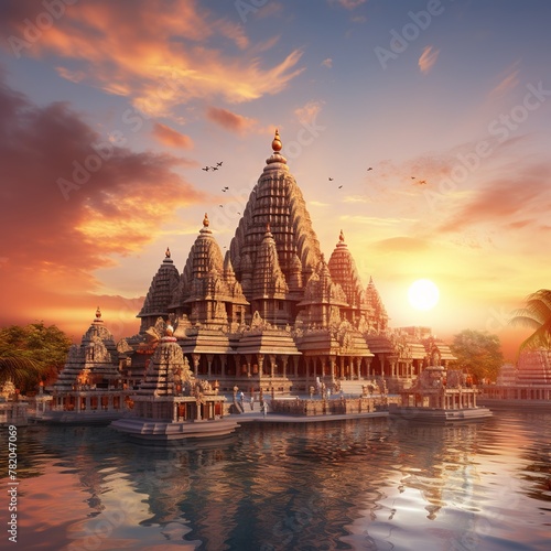 illustration of Temple during sunset in india, Generative ai © rajesh