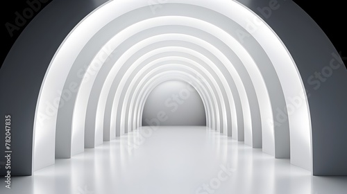 Minimalist Geometric Architectural Corridor with Symmetrical Arched Passageway in Futuristic White and Gray Tones