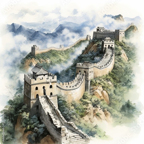 illustration of the Great Wall wide angel drone view traditional, Generative ai photo