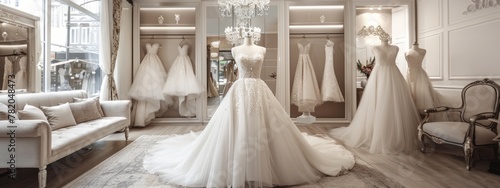 Elegant Bridal Gowns in Luxurious Boutique showcasing multiple elegant wedding dresses on mannequins, with soft lighting and plush seating.